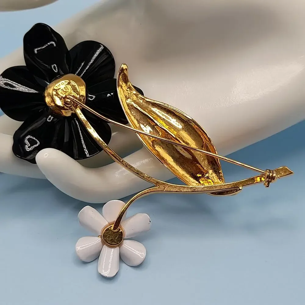 Vintage Avon Black White Dot Large Flower Brooch, 2002